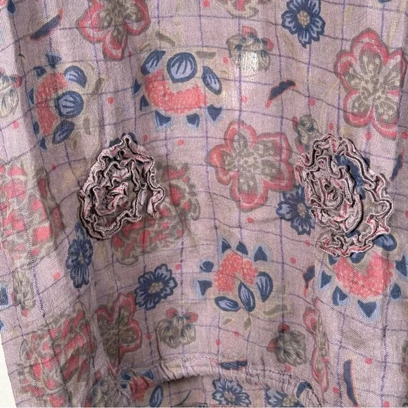Vintage Purple, Maroon & Navy Checked Plaid & Floral Short Sleeve Sheer Blouse - Picture 5 of 9